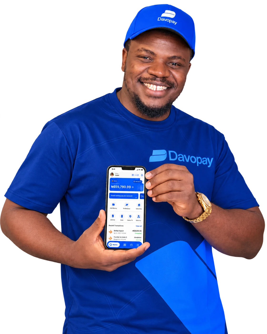 Smiling person wearing a blue Davopay shirt and cap while presenting the app on a phone
