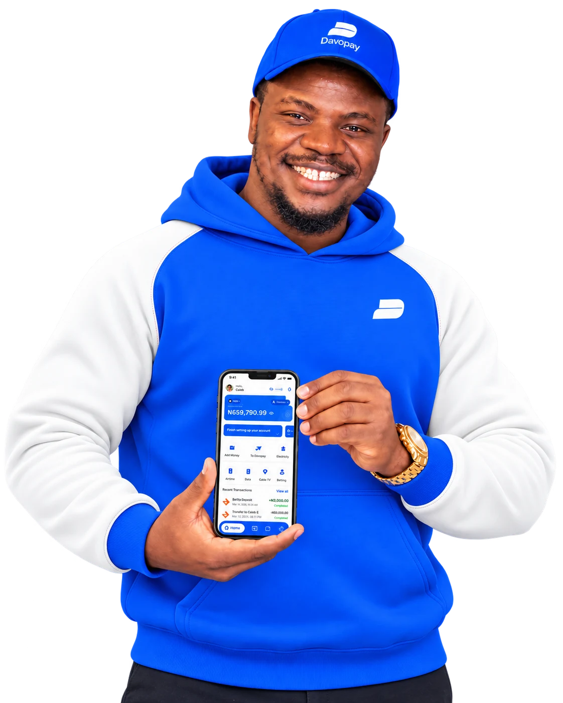 Smiling person wearing a blue and white Davopay hoodie and holding a phone showing the app preview