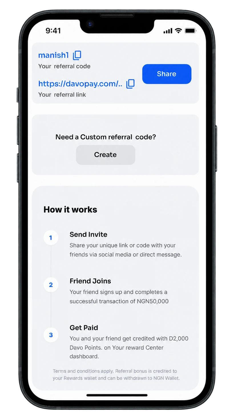 Illustrative Davopay referral flow preview